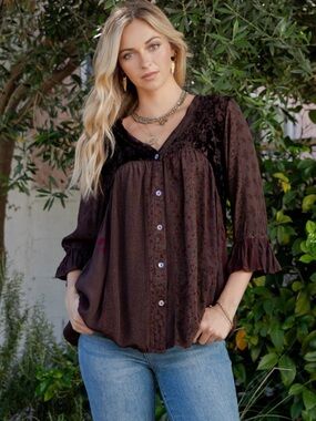 Brown Velvet Button-Front Peasant Blouse